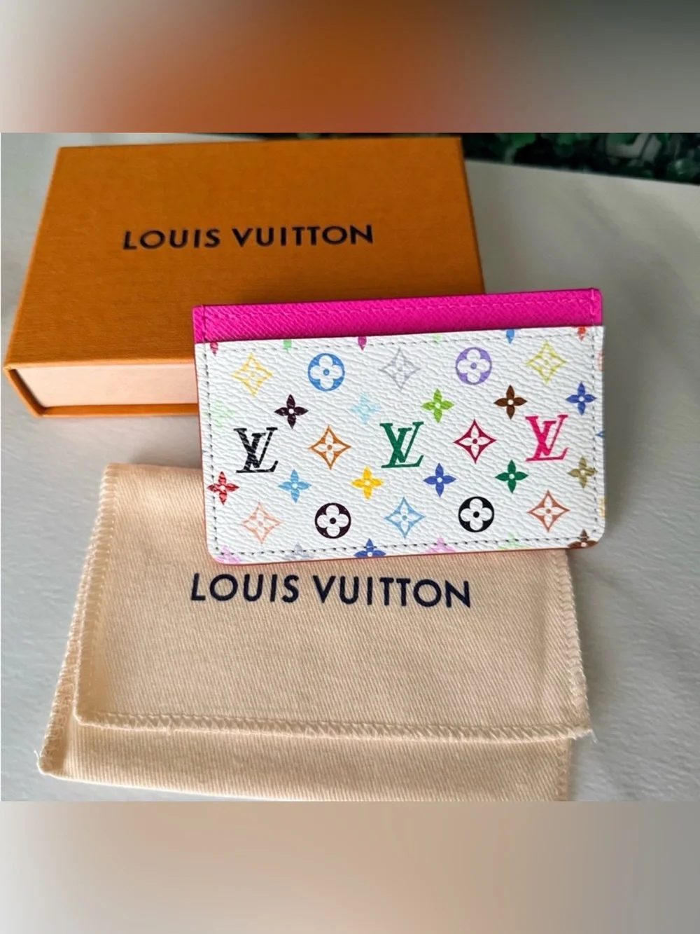 Louis Vuitton White Murakami Multicolor Card Holder with Pink Trim BRAND NEW